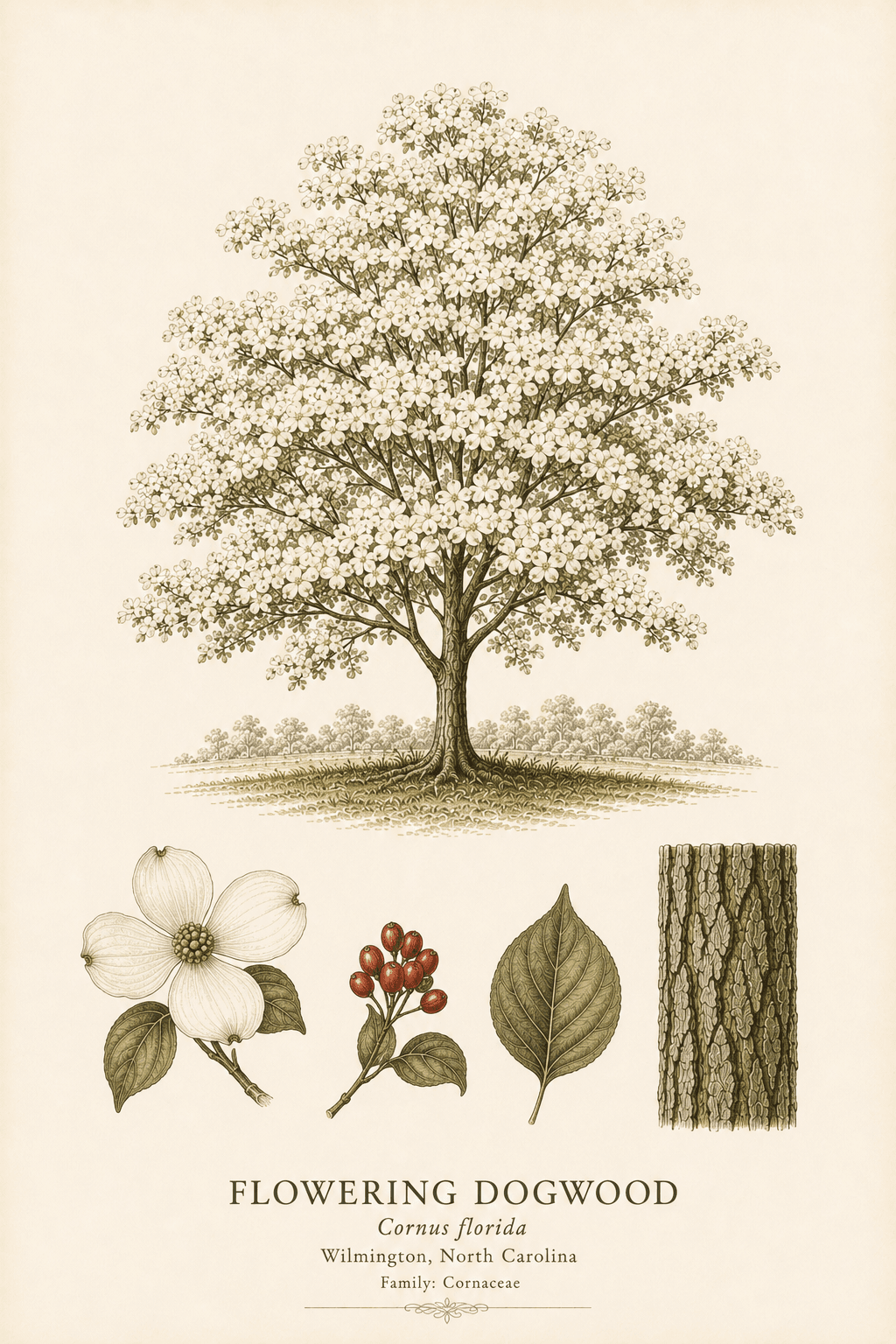 Flowering Dogwood botanical illustration