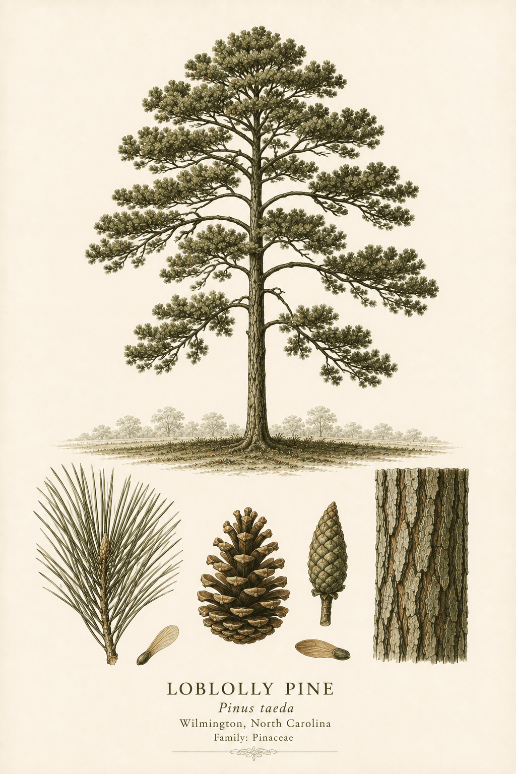 Loblolly Pine botanical illustration — full tree with leaf and bark detail