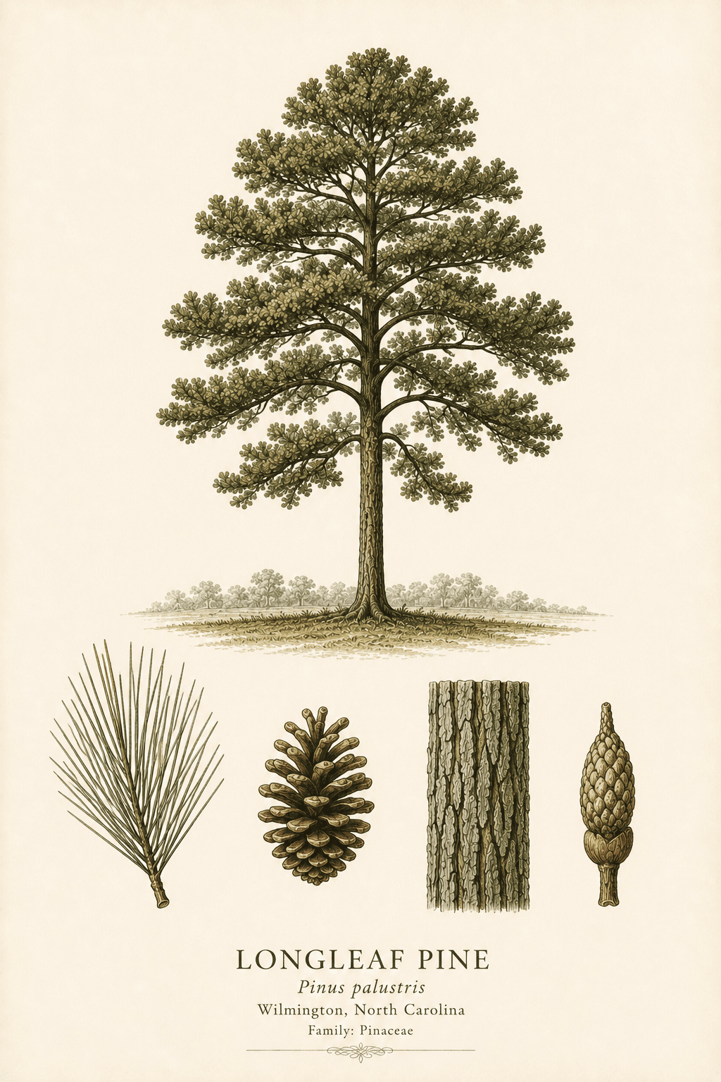 Longleaf Pine botanical illustration — full tree with leaf and bark detail