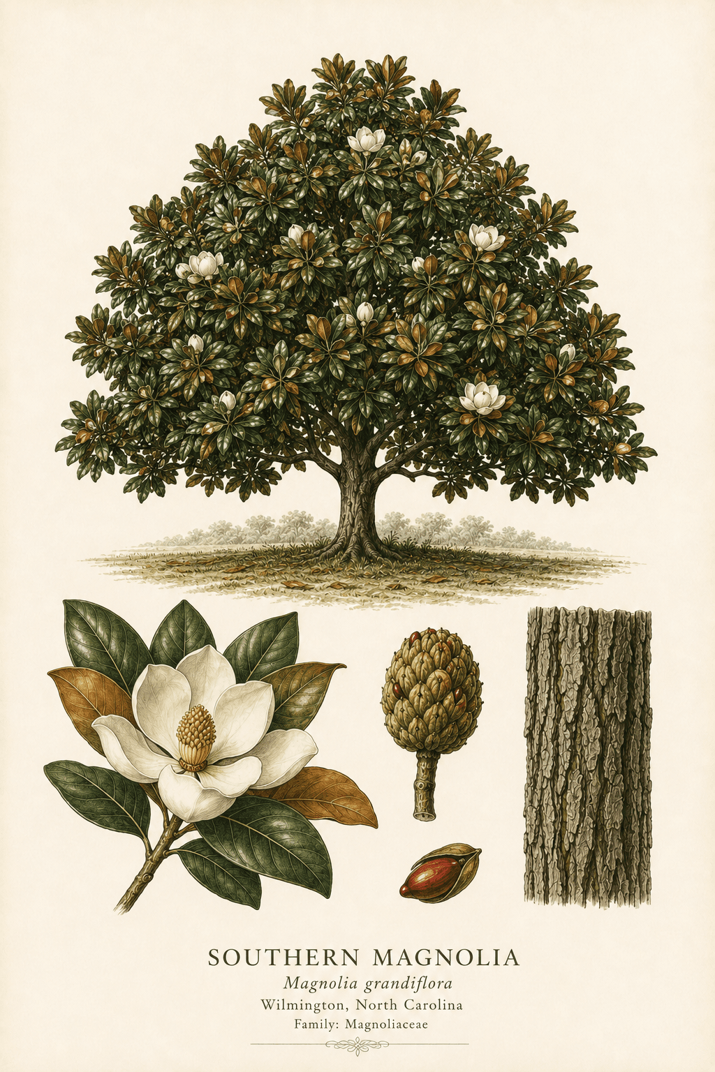 Southern Magnolia botanical illustration — full tree with leaf and bark detail