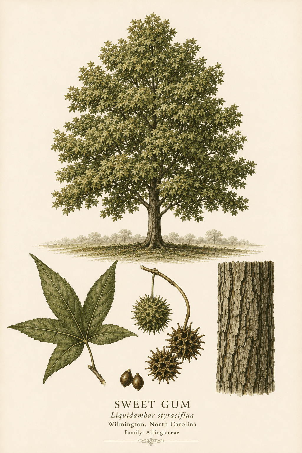 Sweet Gum botanical illustration — full tree with leaf and bark detail